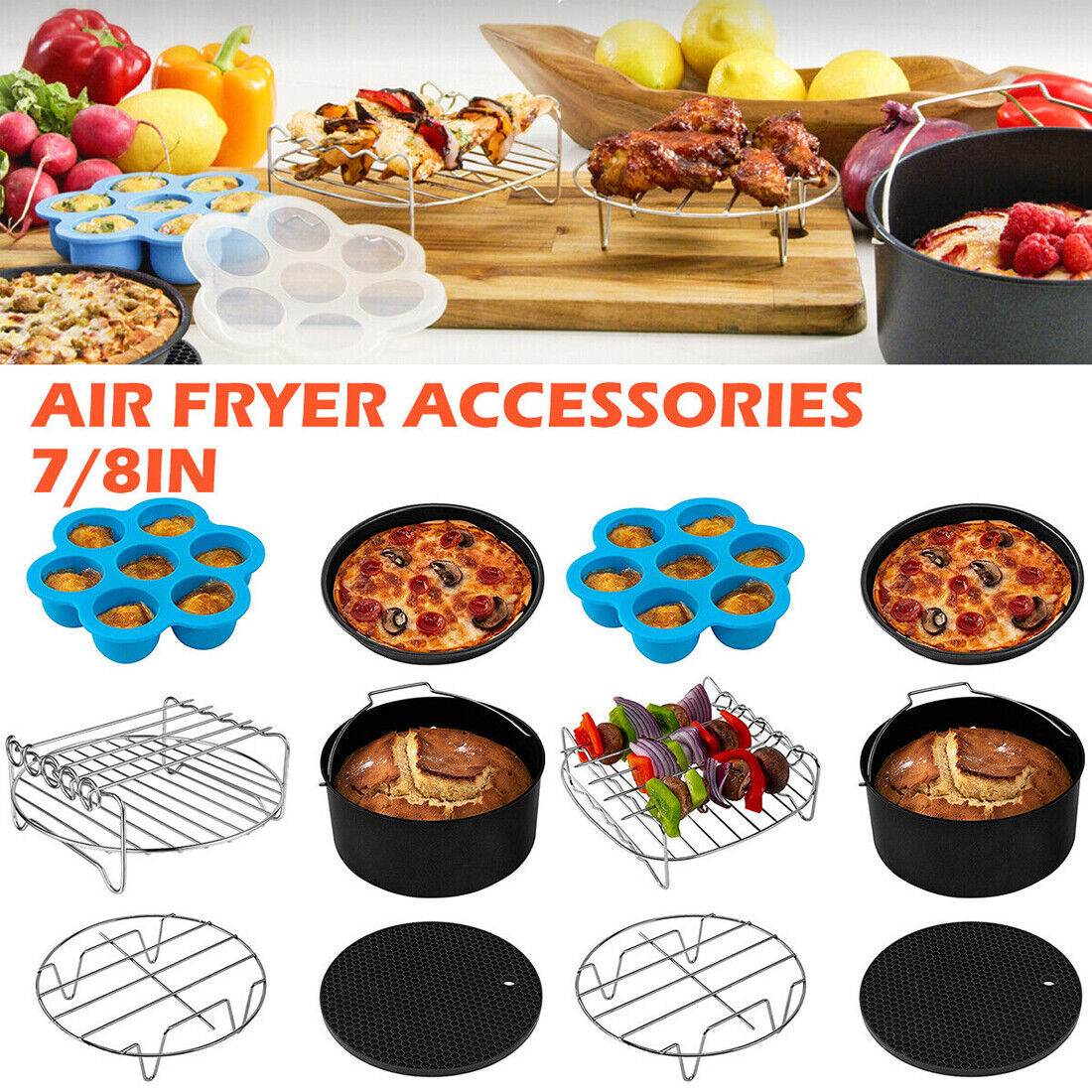 8-Inch Round Air Fryer Accessory Set - 6 Essential Baking Trays, Racks & Pans for Healthy Cooking - FREE SHIPPING