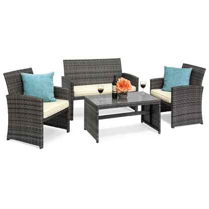 Modular 4-Piece Wicker Patio Conversation Set with Glass-Top Table and Cushions