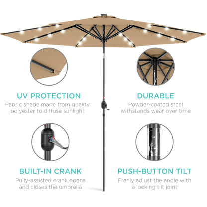 Solar LED Lighted Patio Umbrella w/ Tilt Adjustment, UV-Resistant- 10ft