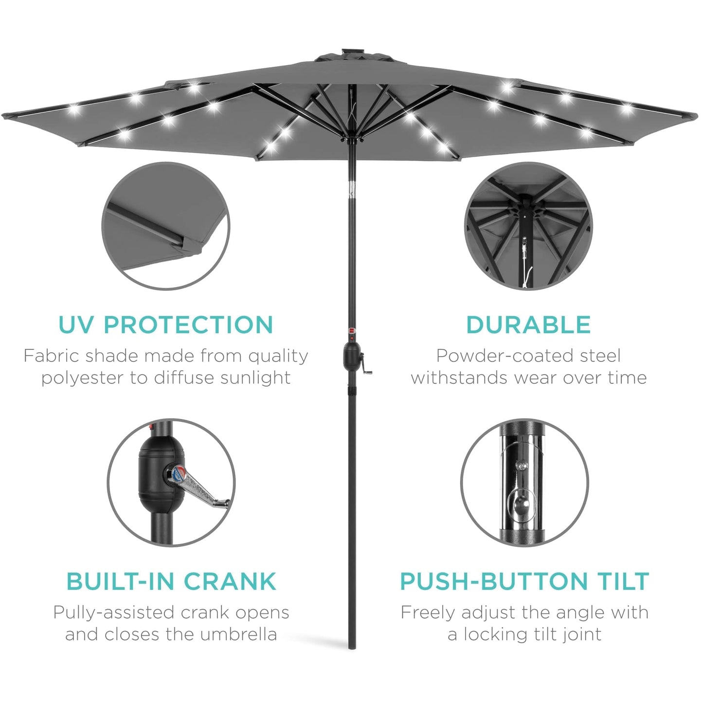 Solar LED Lighted Patio Umbrella w/ Tilt Adjustment, UV-Resistant- 10ft