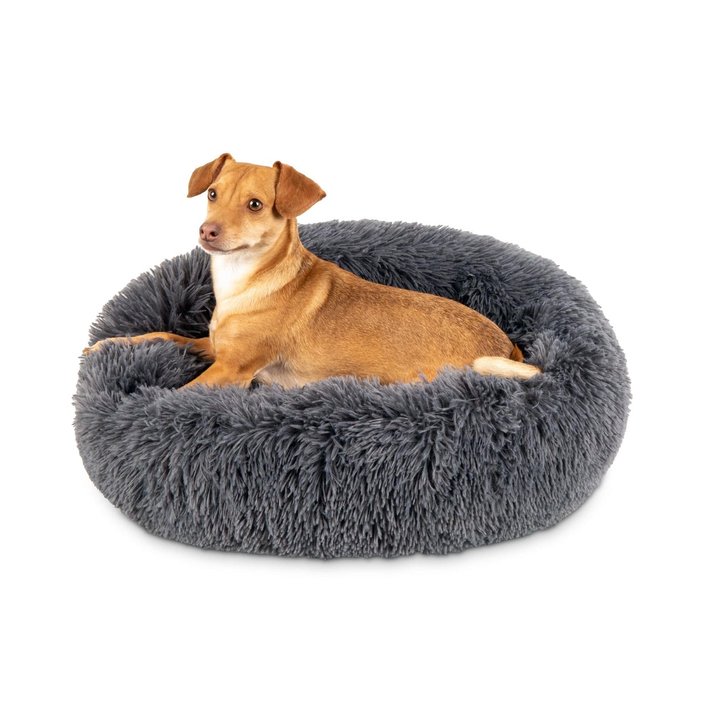 Self-Warming Shag Fur Calming Pet Bed w/ Water-Resistant Lining - Gray