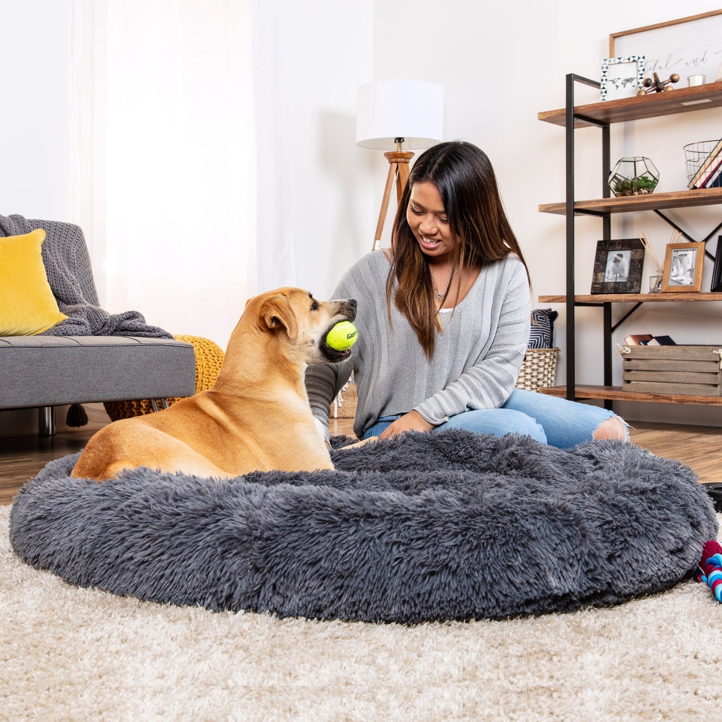 Self-Warming Shag Fur Calming Pet Bed w/ Water-Resistant Lining - Gray