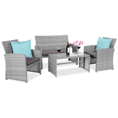 Modular 4-Piece Wicker Patio Conversation Set with Glass-Top Table and Cushions