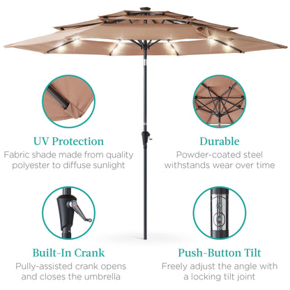 10ft 3-Tier Solar Patio Umbrella with Crank, Tilt Feature & 24 LED Lights