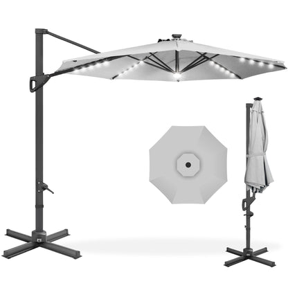 10ft 360-Degree Rotating Solar LED Offset Patio Umbrella with Adjustable Tilt