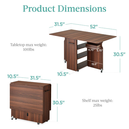 Multipurpose Folding Table w/ Wheels, 3 Storage Shelves, Cubby, Handle