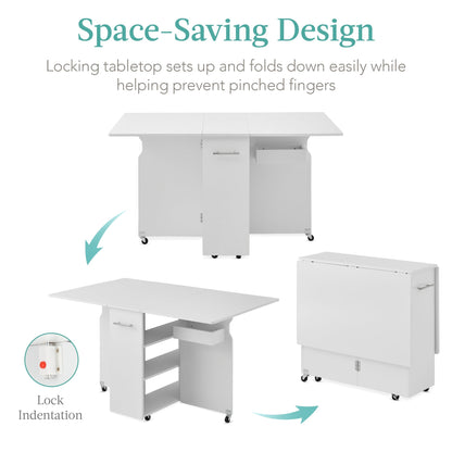 Multipurpose Folding Table w/ Wheels, 3 Storage Shelves, Cubby, Handle