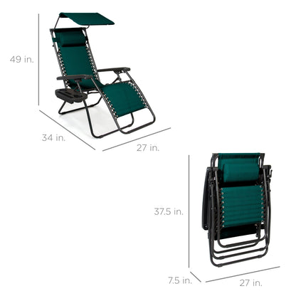 Folding Zero Gravity Recliner Patio Lounge Chair w/ Canopy, Side Tray