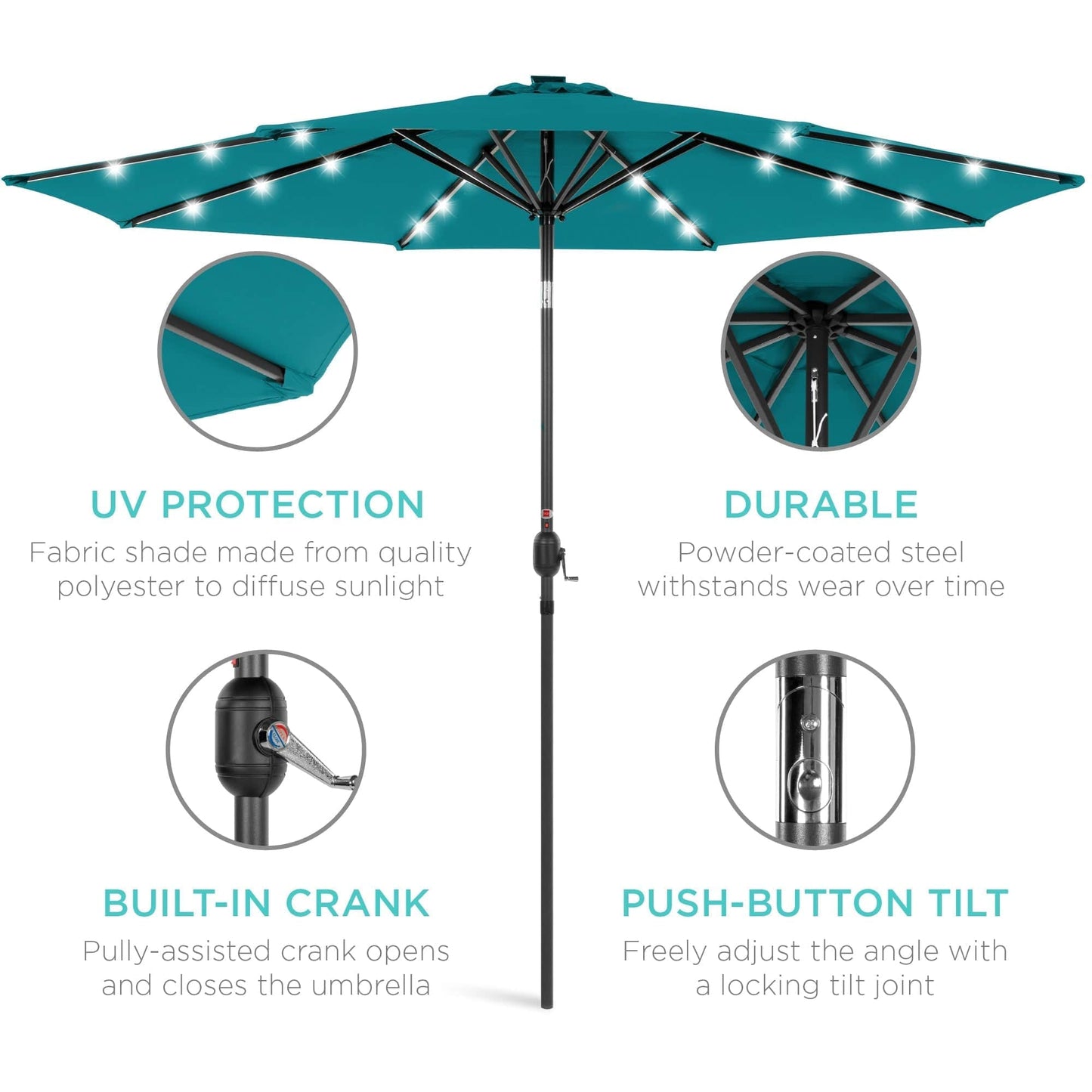 Solar LED Lighted Patio Umbrella w/ Tilt Adjustment, UV-Resistant- 10ft