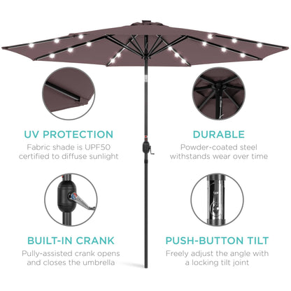 Solar LED Lighted Patio Umbrella w/ Tilt Adjustment, UV-Resistant- 10ft