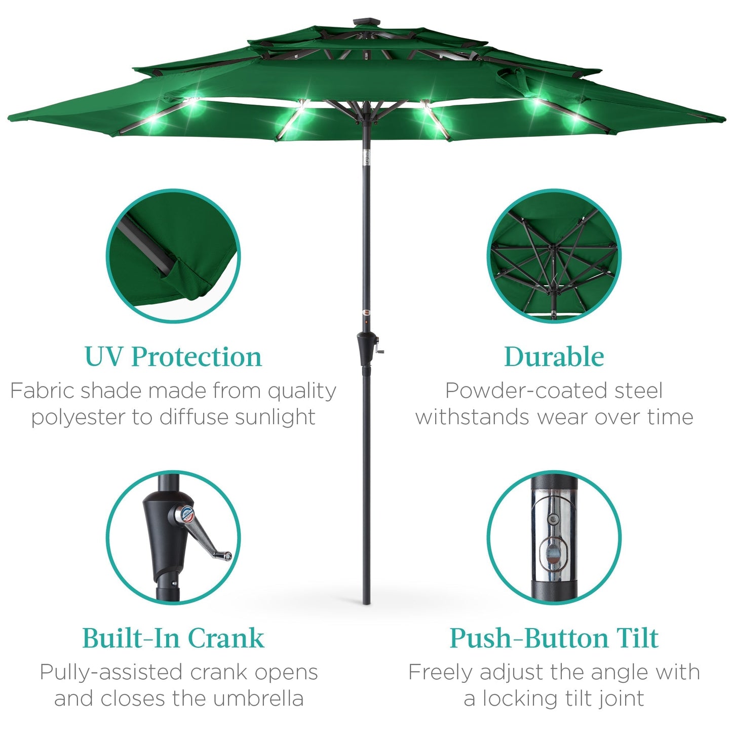 10ft 3-Tier Solar Patio Umbrella with Crank, Tilt Feature & 24 LED Lights