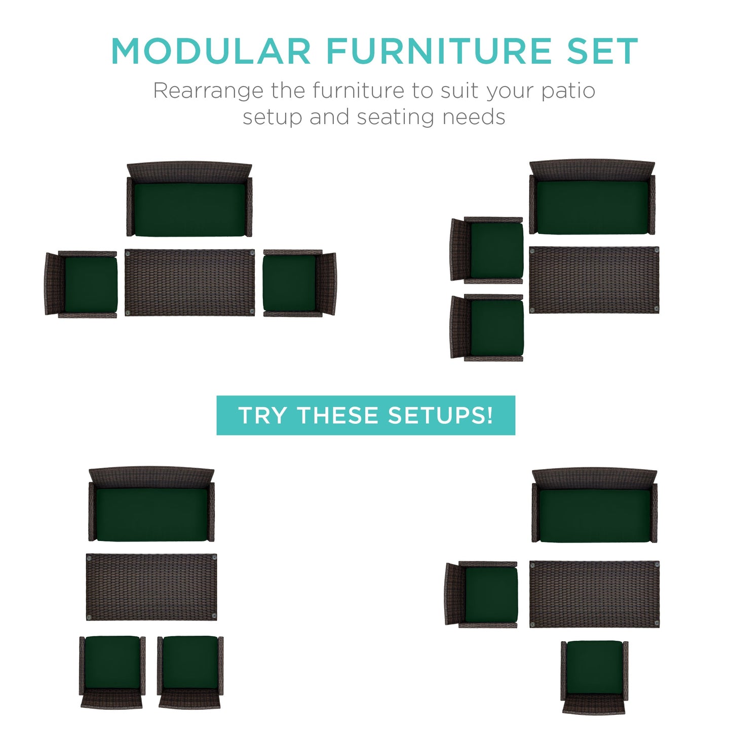 Modular 4-Piece Wicker Patio Conversation Set with Glass-Top Table and Cushions