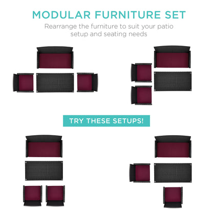 Modular 4-Piece Wicker Patio Conversation Set with Glass-Top Table and Cushions