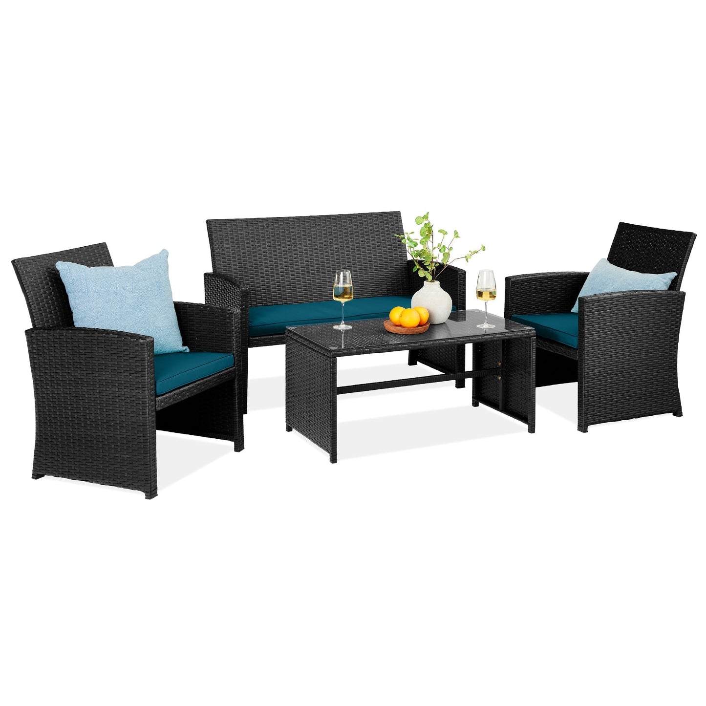 Modular 4-Piece Wicker Patio Conversation Set with Glass-Top Table and Cushions