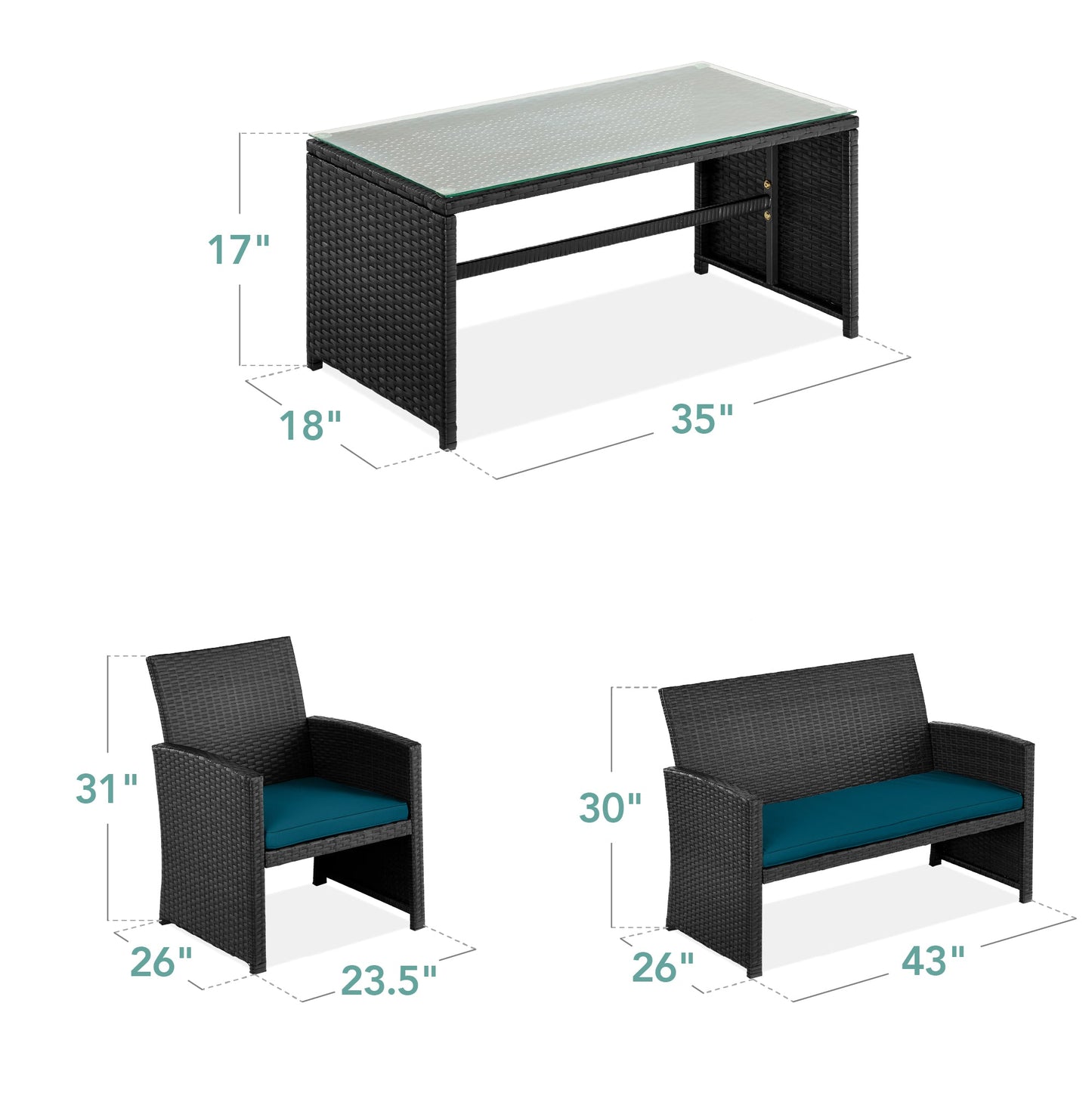 Modular 4-Piece Wicker Patio Conversation Set with Glass-Top Table and Cushions