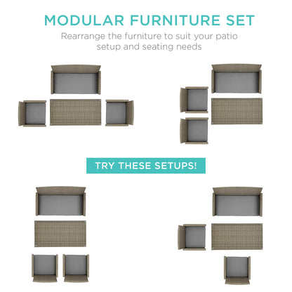 Modular 4-Piece Wicker Patio Conversation Set with Glass-Top Table and Cushions