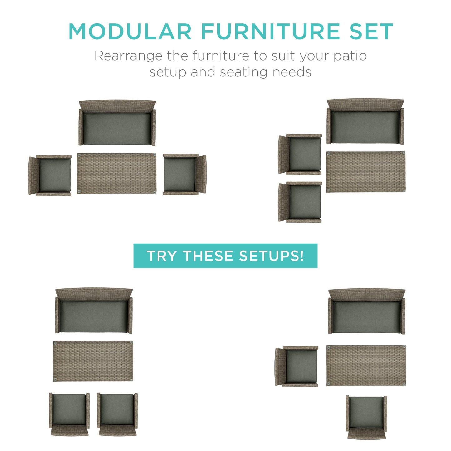 Modular 4-Piece Wicker Patio Conversation Set with Glass-Top Table and Cushions