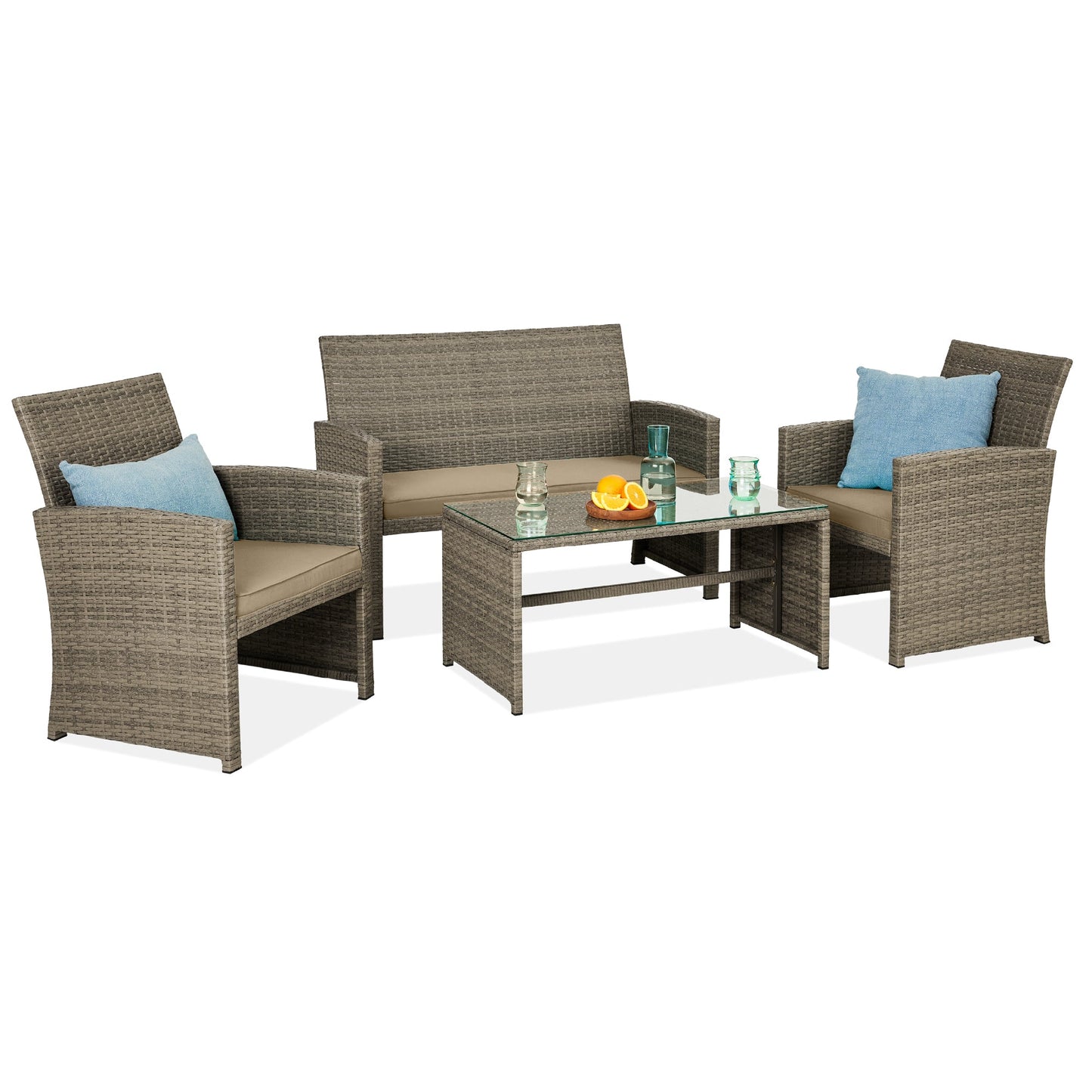 Modular 4-Piece Wicker Patio Conversation Set with Glass-Top Table and Cushions