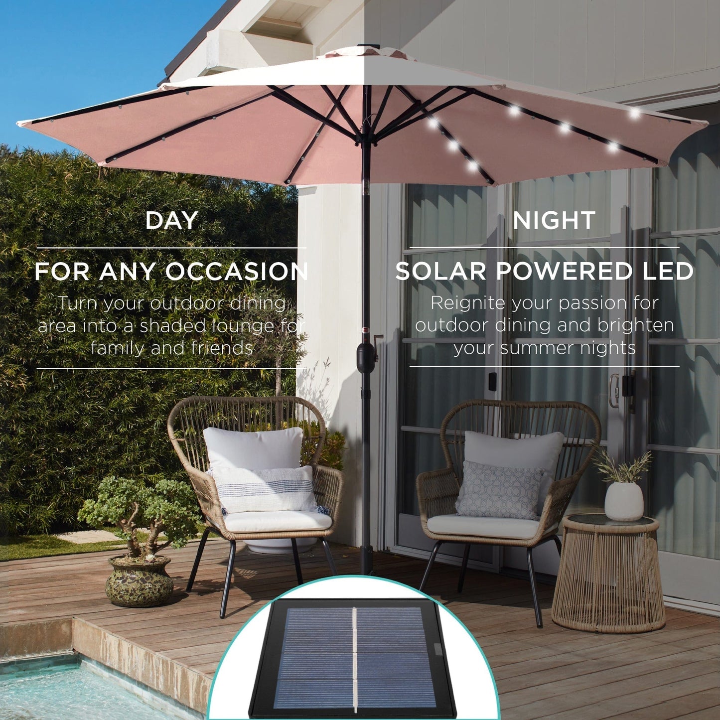 Solar LED Lighted Patio Umbrella w/ Tilt Adjustment, UV-Resistant- 10ft