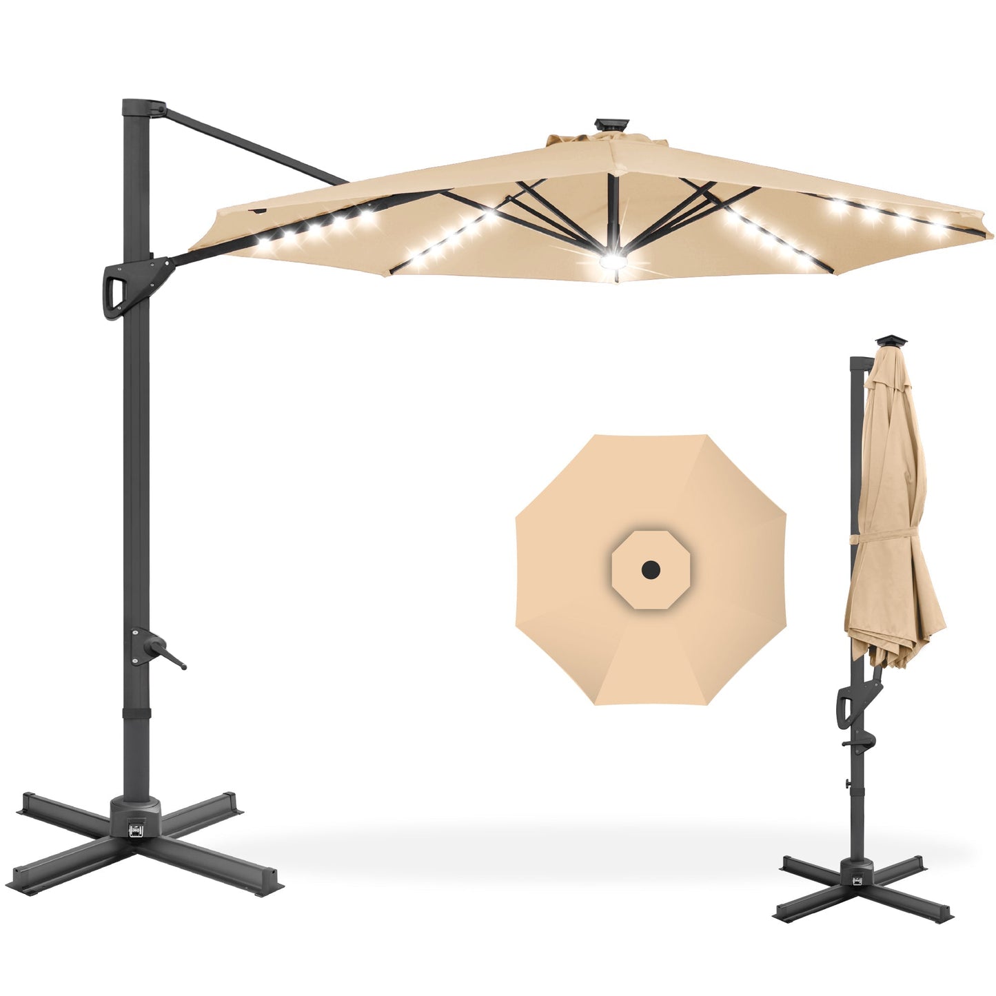 10ft 360-Degree Rotating Solar LED Offset Patio Umbrella with Adjustable Tilt