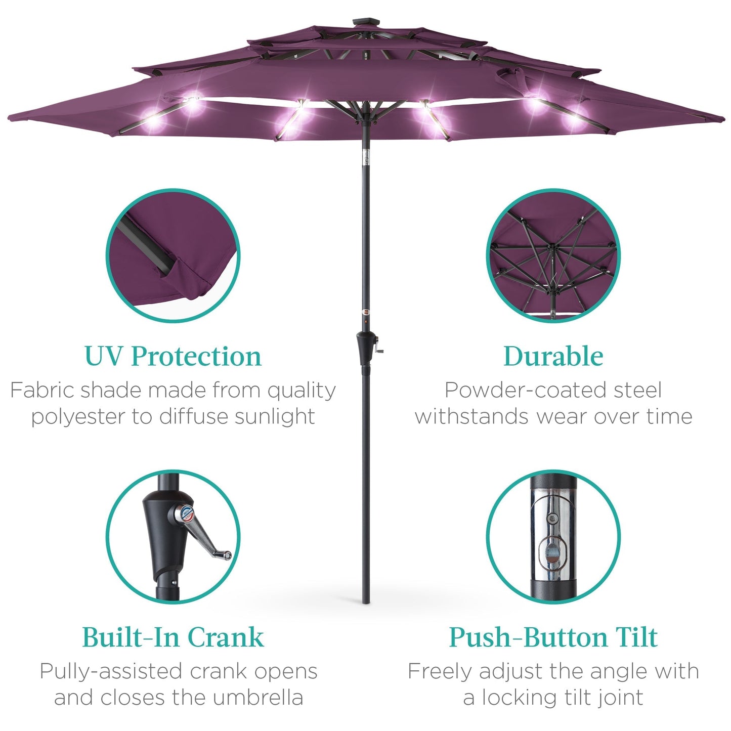 10ft 3-Tier Solar Patio Umbrella with Crank, Tilt Feature & 24 LED Lights