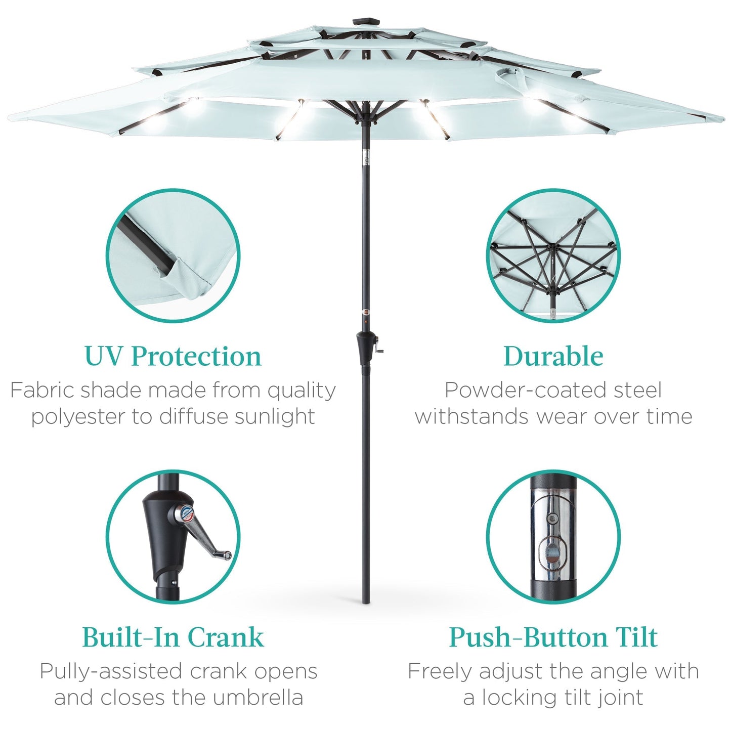 10ft 3-Tier Solar Patio Umbrella with Crank, Tilt Feature & 24 LED Lights