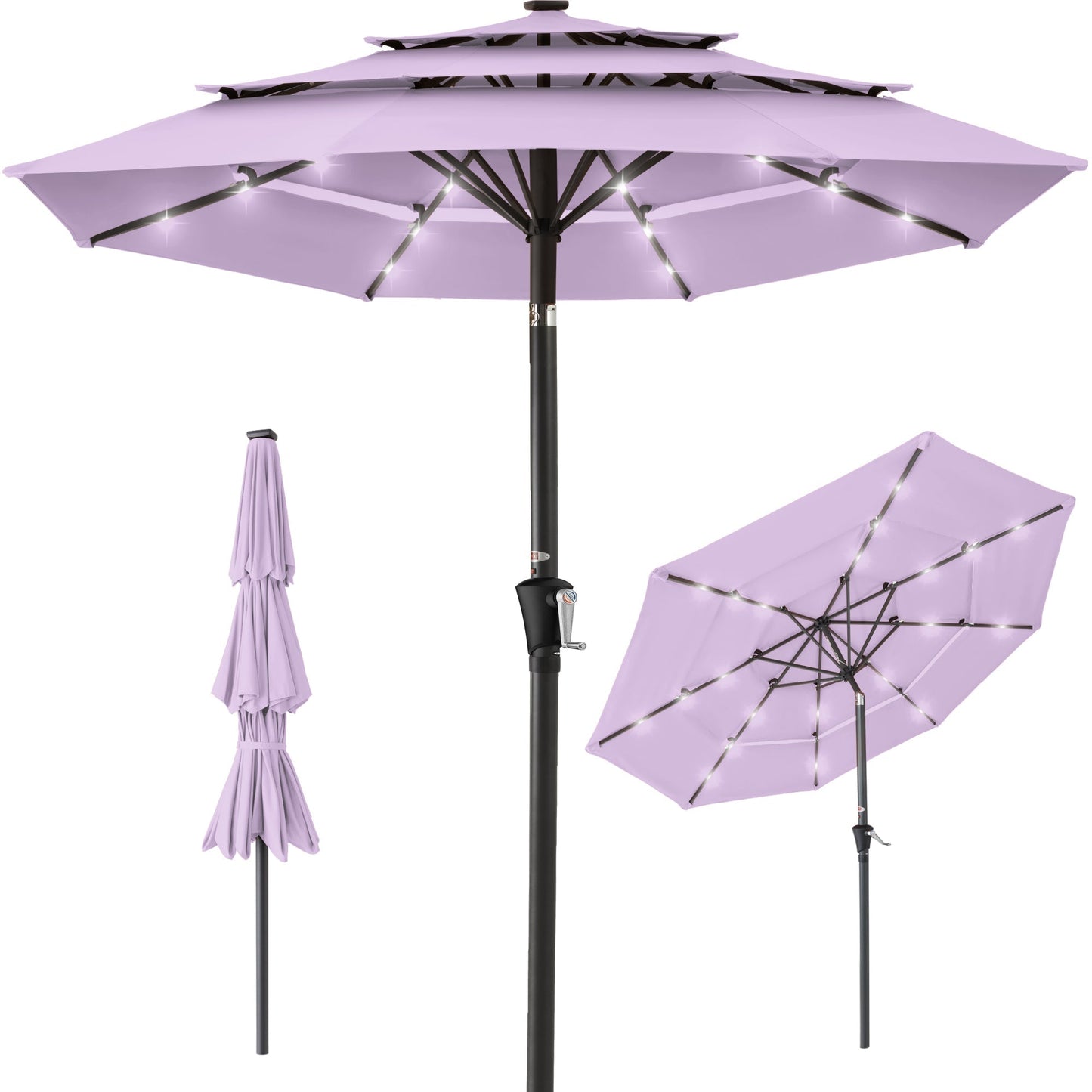 10ft 3-Tier Solar Patio Umbrella with Crank, Tilt Feature & 24 LED Lights