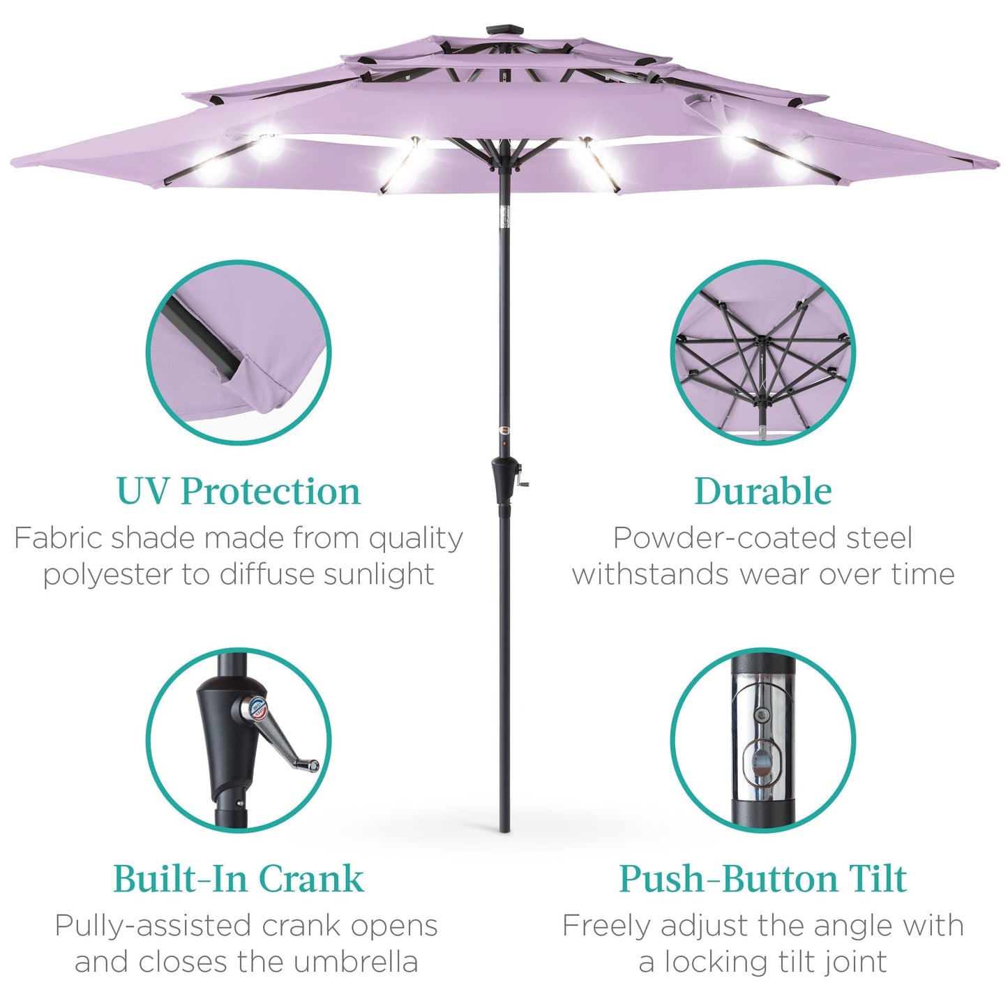 10ft 3-Tier Solar Patio Umbrella with Crank, Tilt Feature & 24 LED Lights