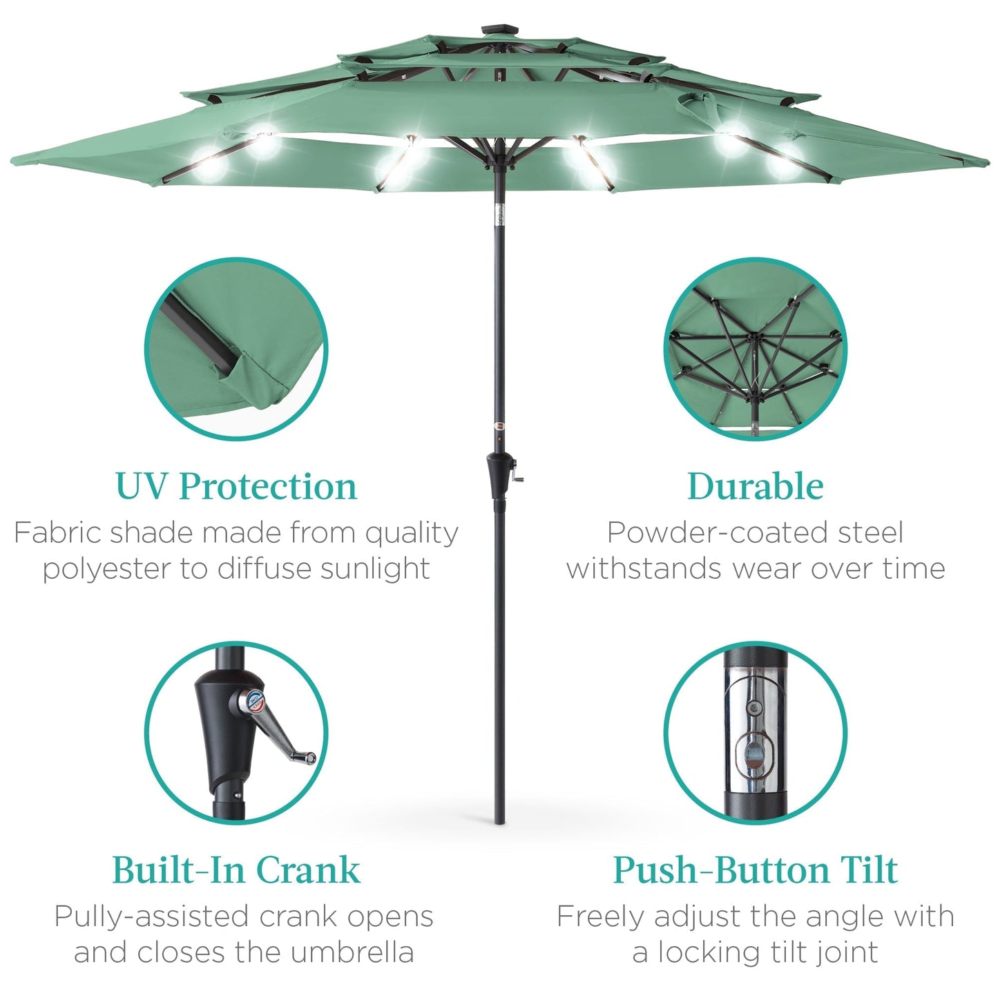 10ft 3-Tier Solar Patio Umbrella with Crank, Tilt Feature & 24 LED Lights