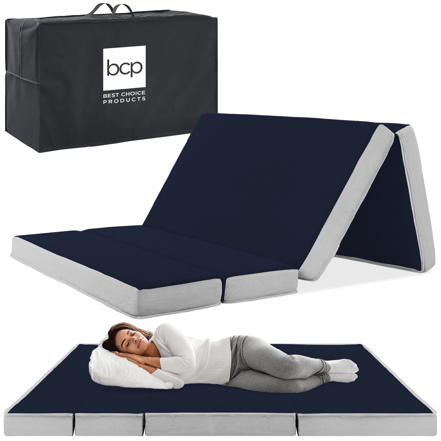 Folding Portable Midnight Blue Mattress Topper w/ Plush Foam - 4in