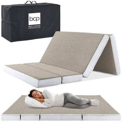 Folding Portable Taupe Mattress Topper w/ Plush Foam - 4in