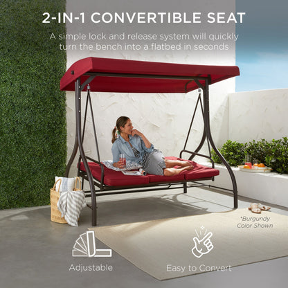 Convertible 3-Seat Outdoor Canopy Swing Glider with Flatbed Recline