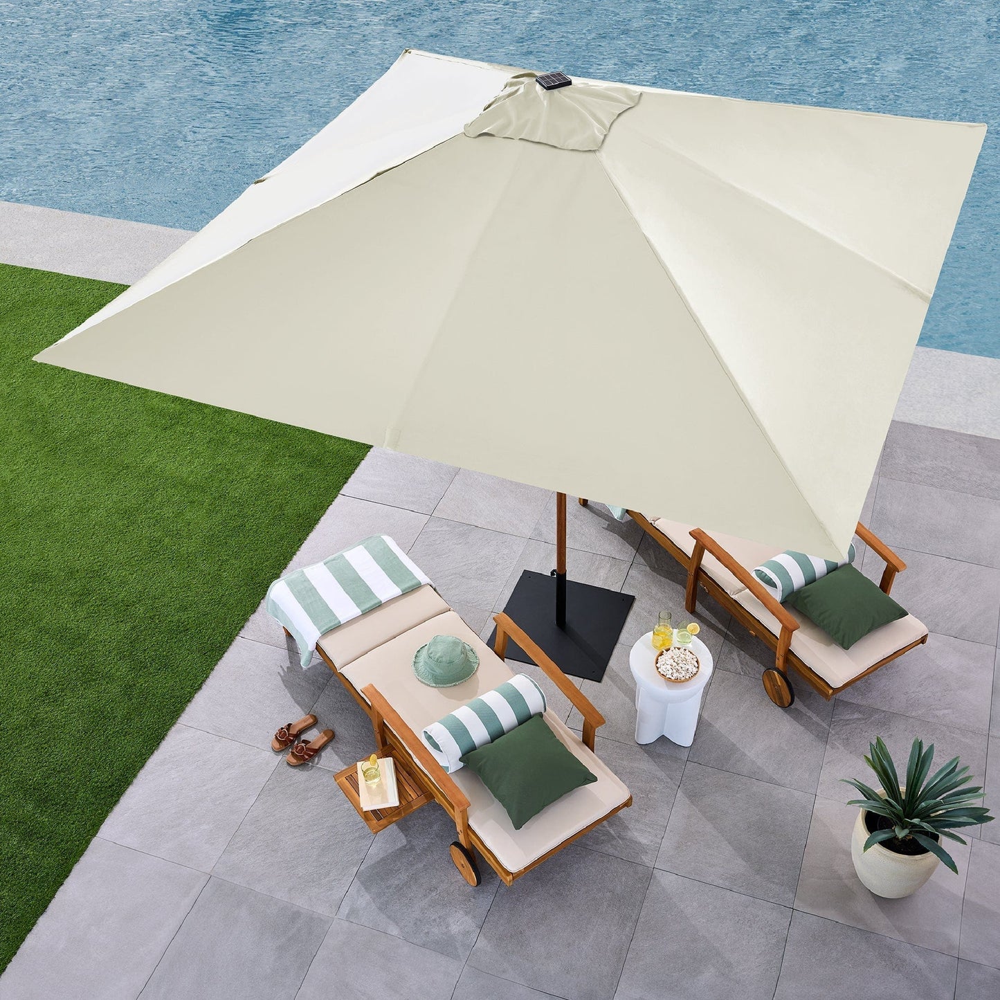 Square Solar LED Lighted Patio Umbrella w/ Faux Wood Texture - 9ft