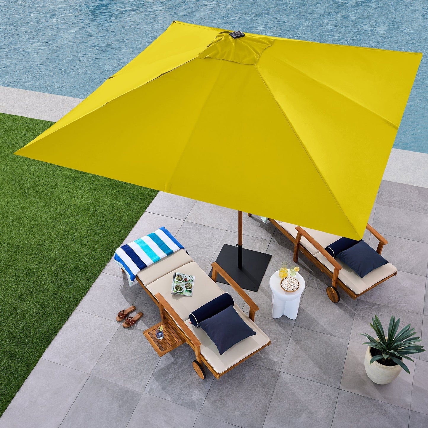 Square Solar LED Lighted Patio Umbrella w/ Faux Wood Texture - 9ft